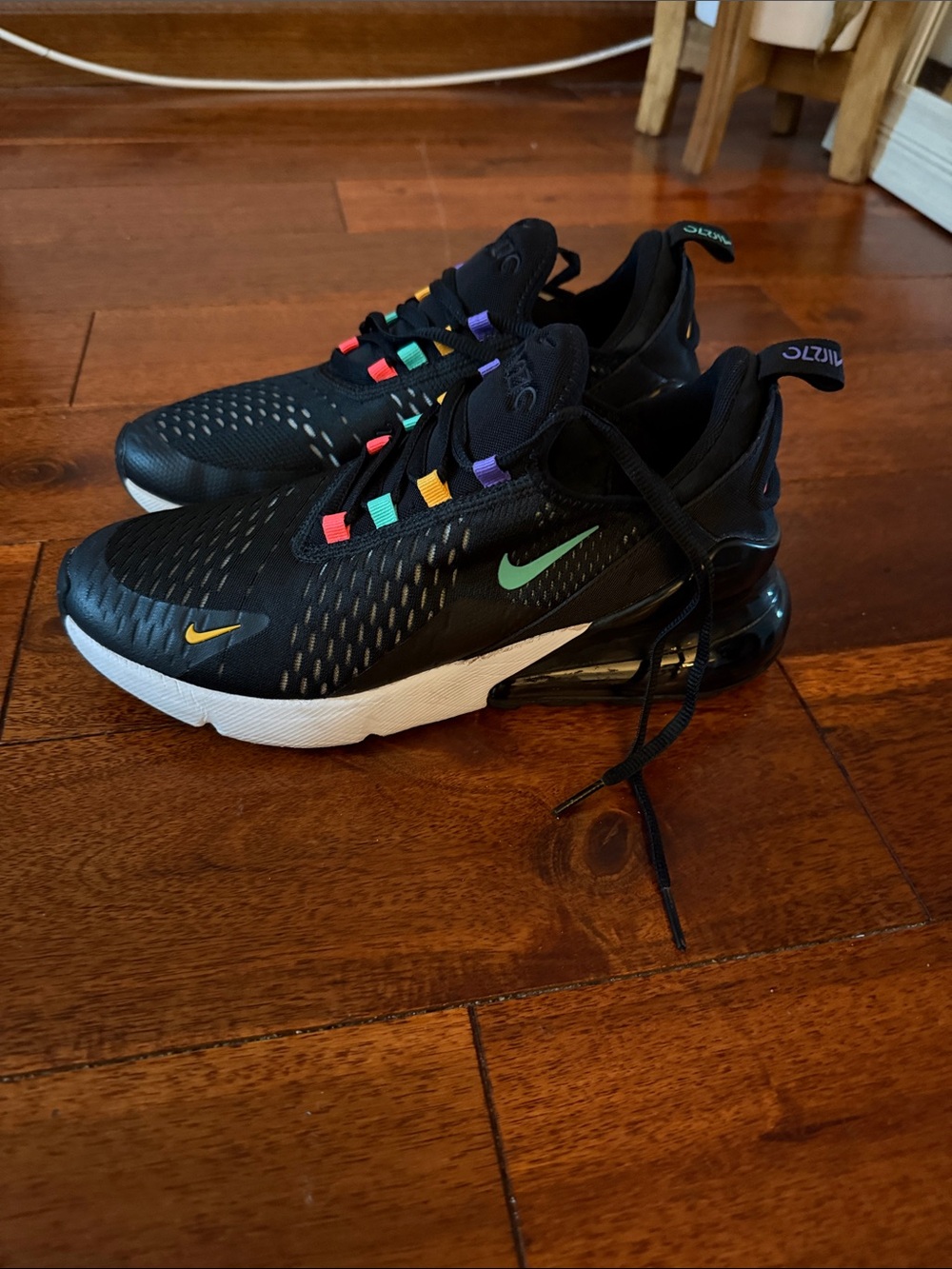 Nike Black Sneakers with Mint and Gold Swooshes and Multicolor Lace Loops